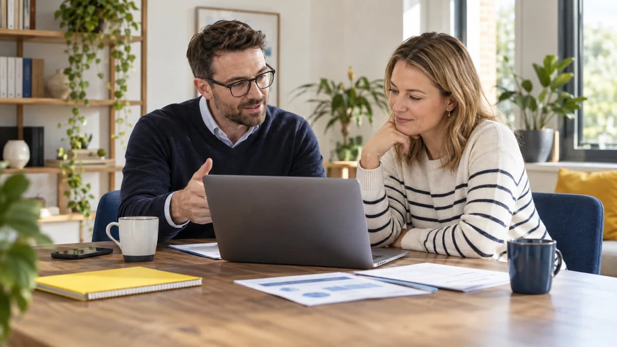 A financial adviser and client reviewing information together on a laptop